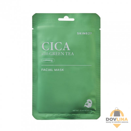 SKIN627 lakštinė veido kaukė raminamoji su cica ir žaliąja arbata (22 ml)